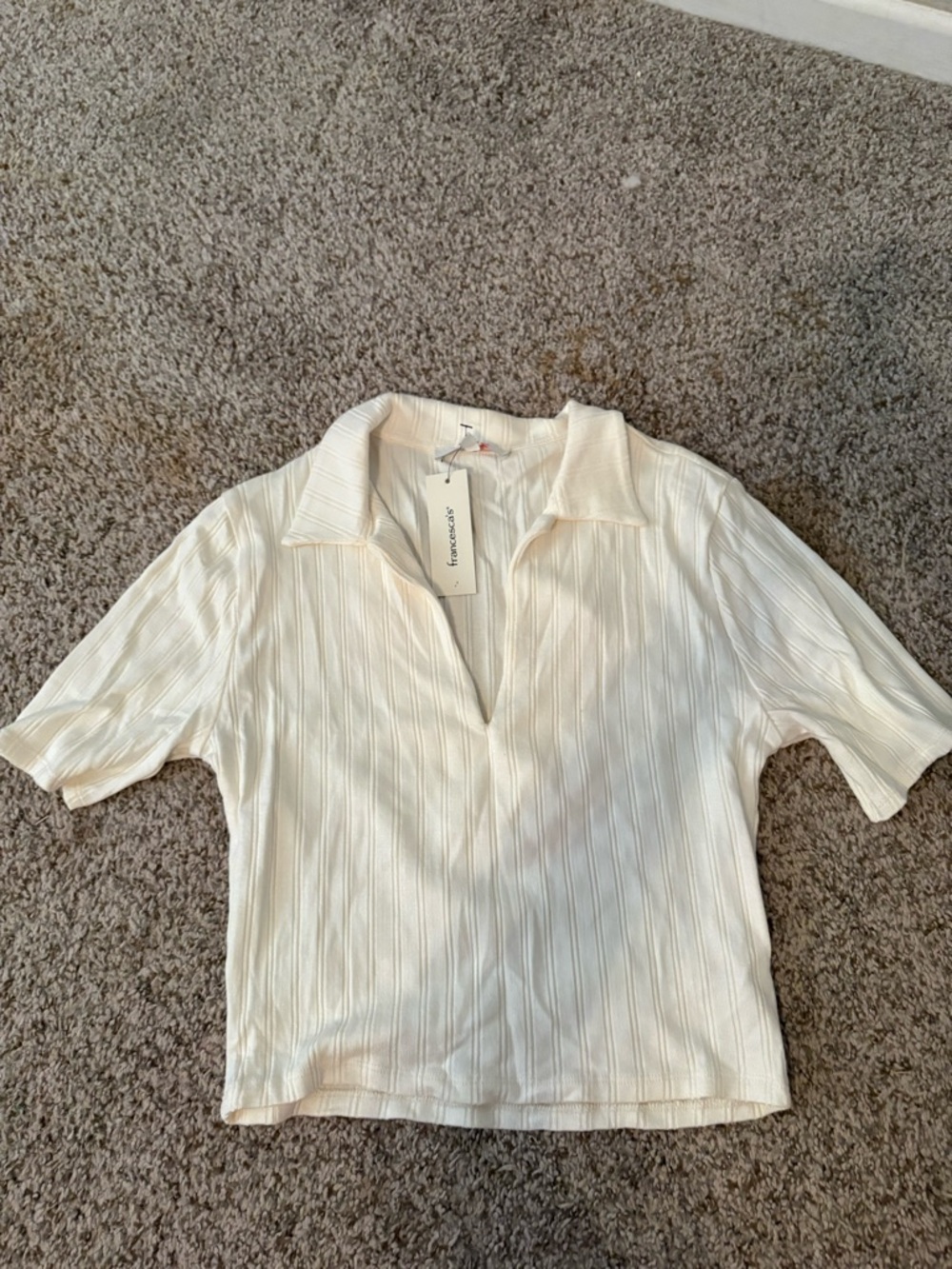 Francesca's Collections Cream Ribbed V-Neck Polo Top